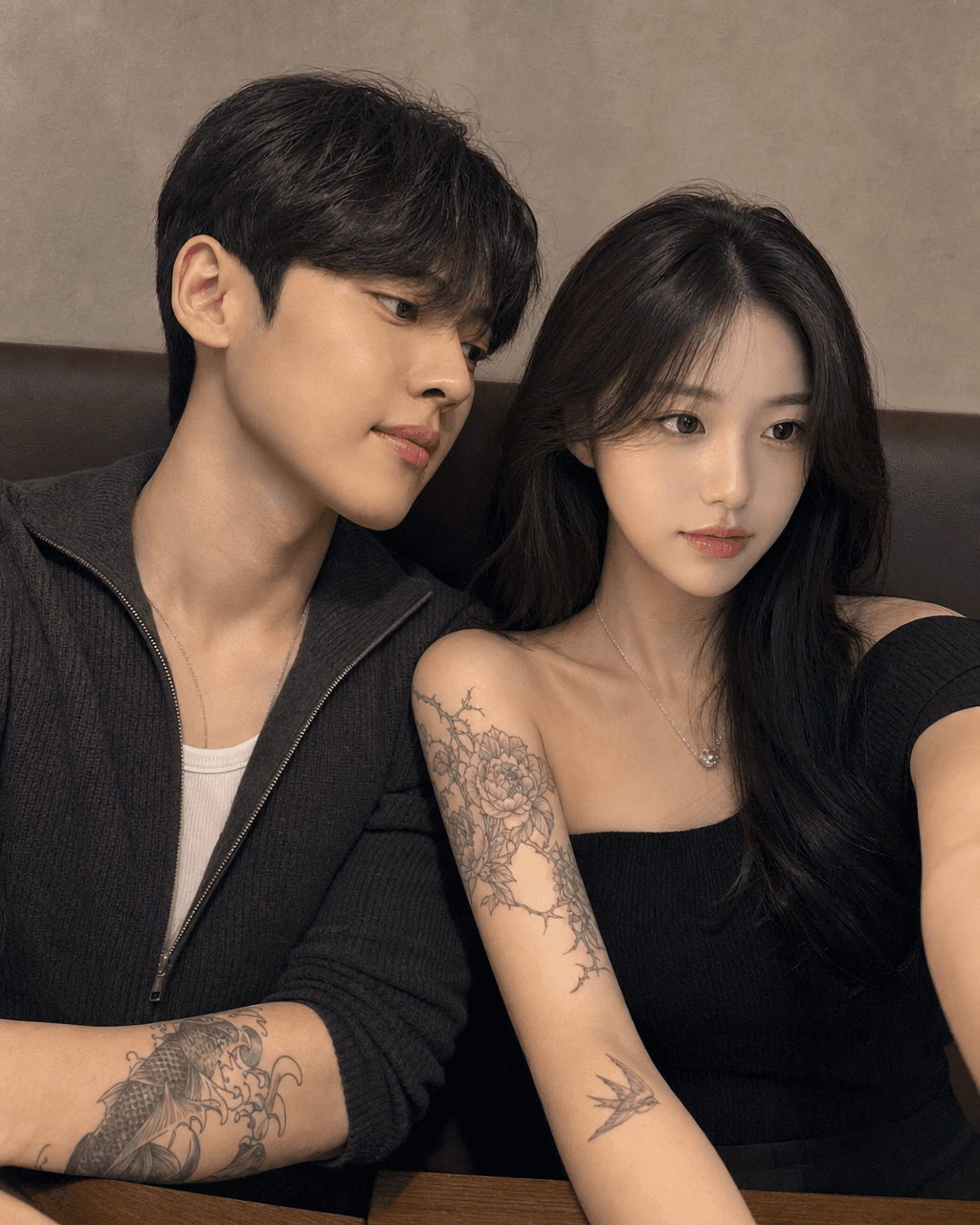Input photos and example result for 불량 연애 카페 커플 셀카