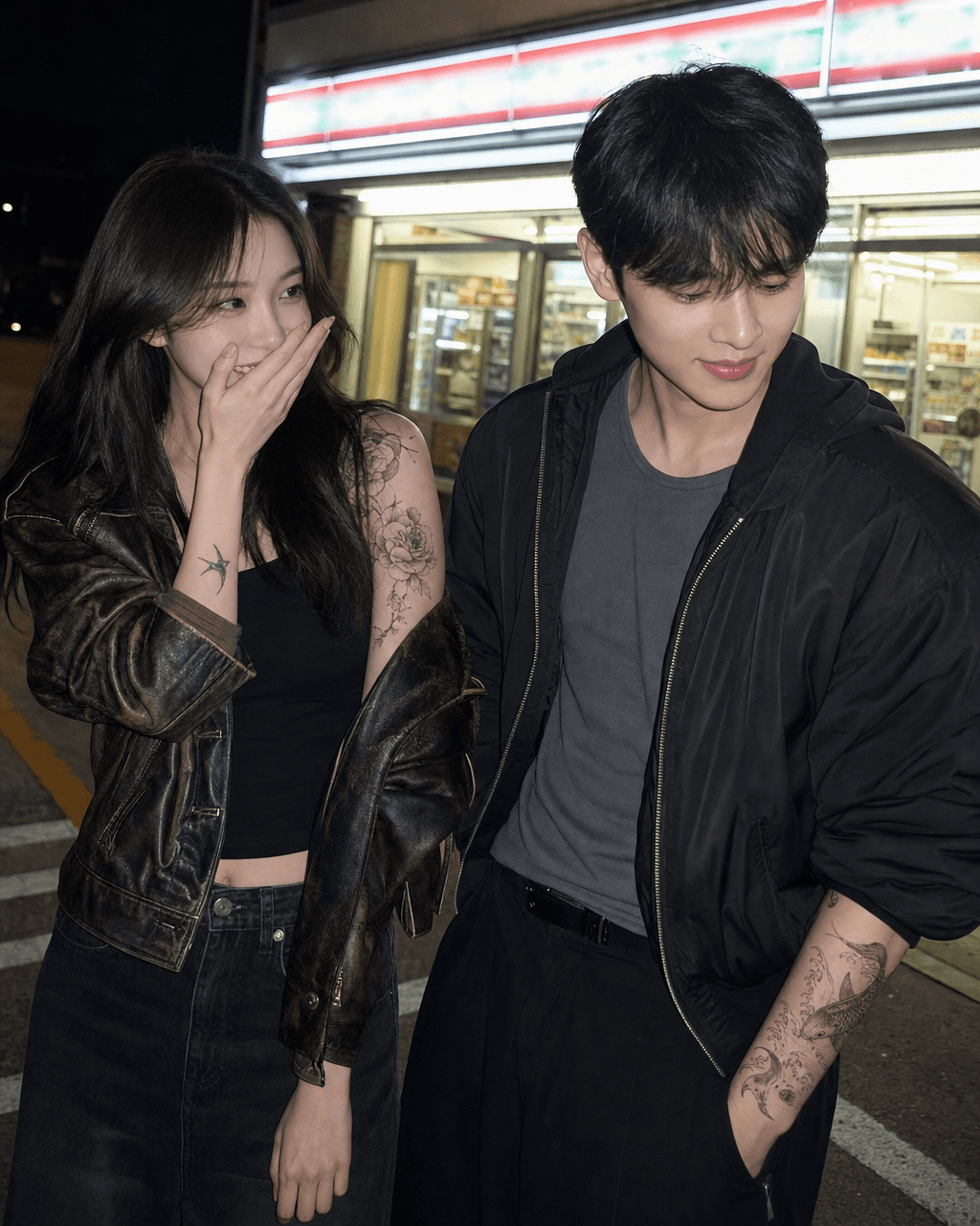 Input photos and example result for 불량 연애 편의점 커플 스냅