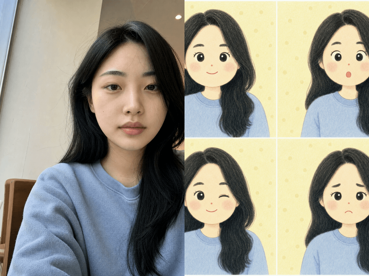 Input photos and example result for 파스텔 캐릭터 표정 4컷