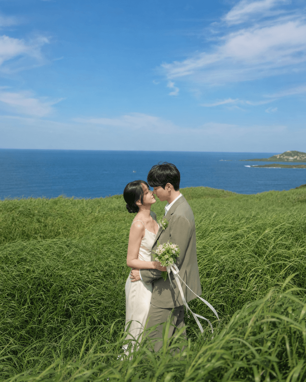 Input photos and example result for 바다 언덕 풀밭 키스