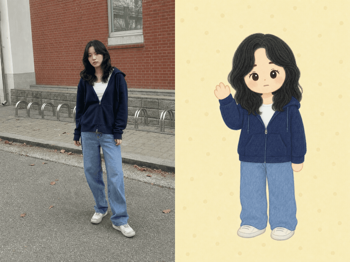 Input photos and example result for 파스텔 캐릭터 전신