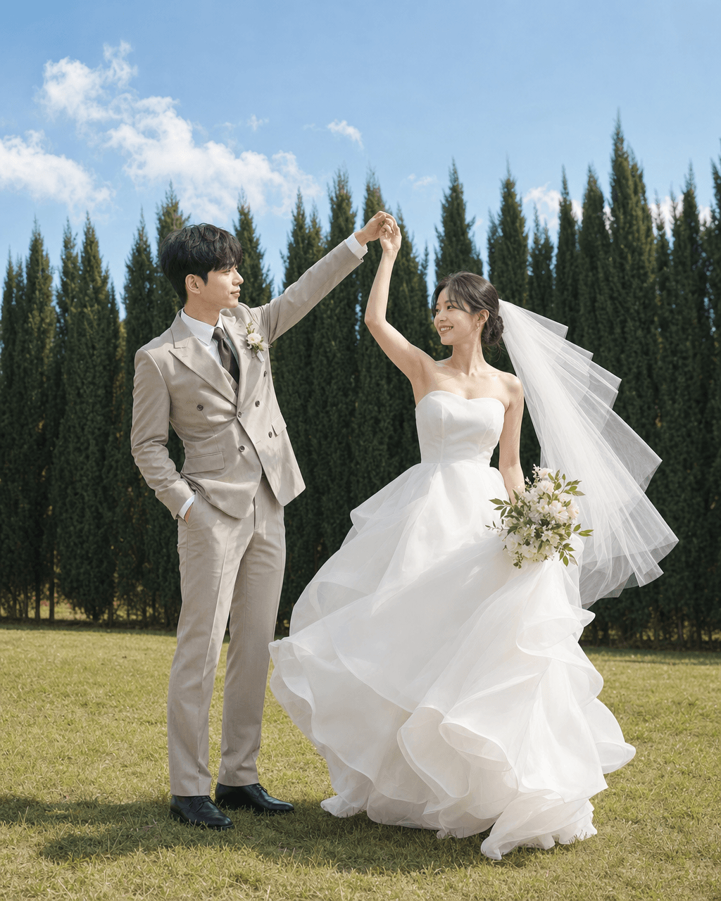Input photos and example result for 편백나무 베이지 수트