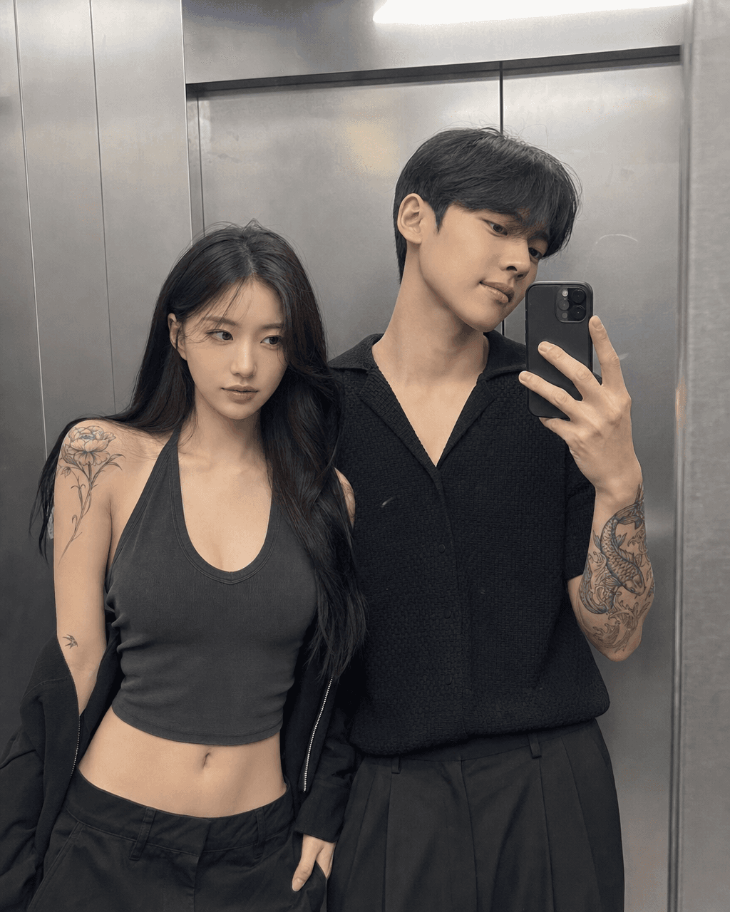 Input photos and example result for 불량 연애 엘리베이터 셀카