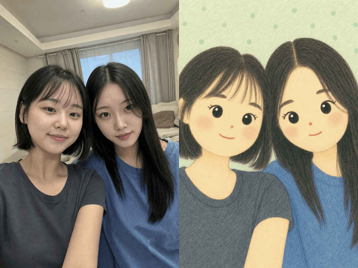 Input photos and example result for 파스텔 캐릭터 단체